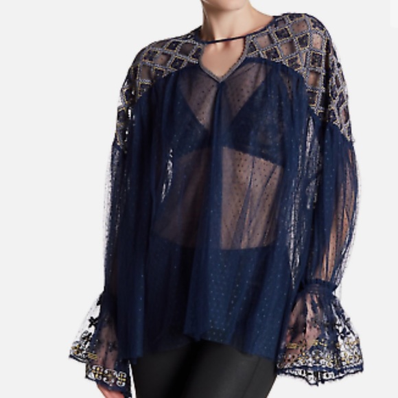 Free People Joyride Knit Sheer Lace Navy Blue Embroidered Top - Picture 5 of 14